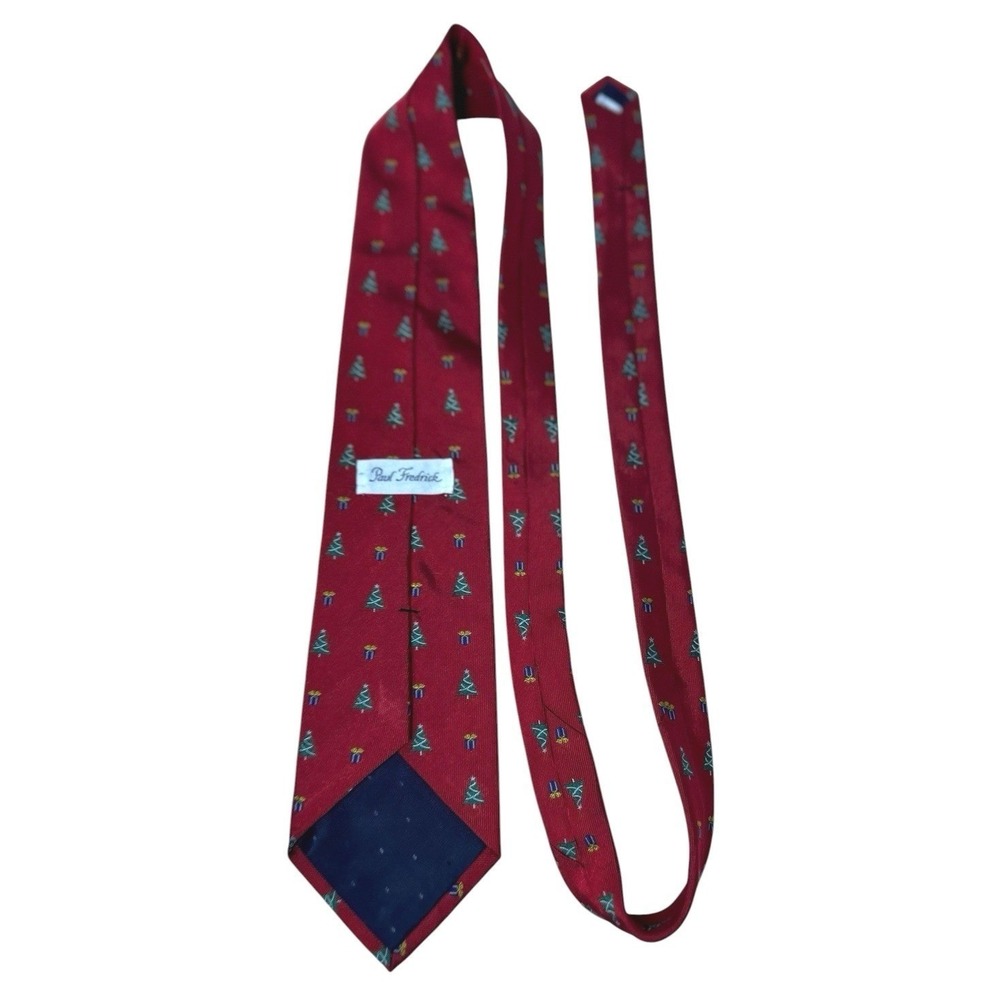 Paul Fredrick Hand Tailored Tie Red Christmas Tree Italian Silk Made in USA - Picture 4 of 6